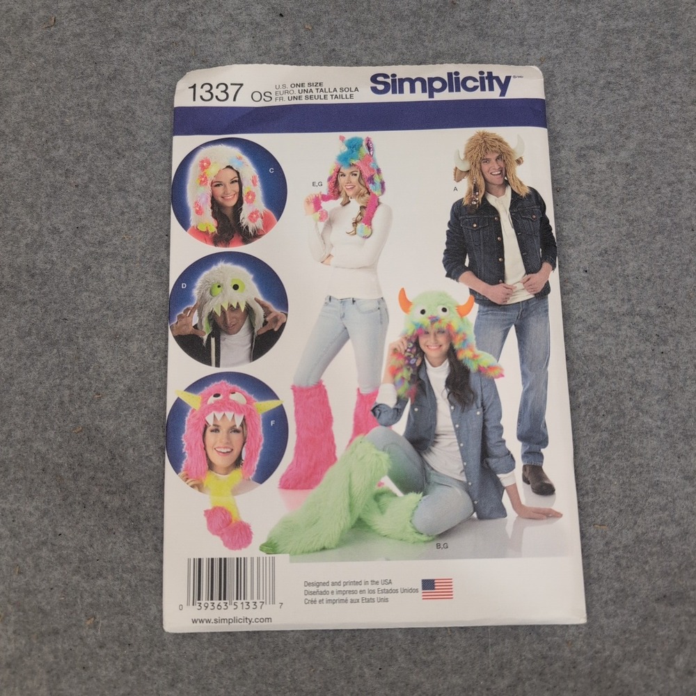 Simplicity 1337 Monster Animal Hats Leg Warmers Sewing Pattern One Size OS VG - Picture 1 of 2
